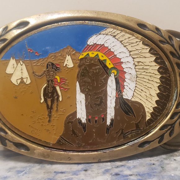 Native American Chief & Warrior Colorful Solid Brass Belt Buckle - Picture 5 of 6